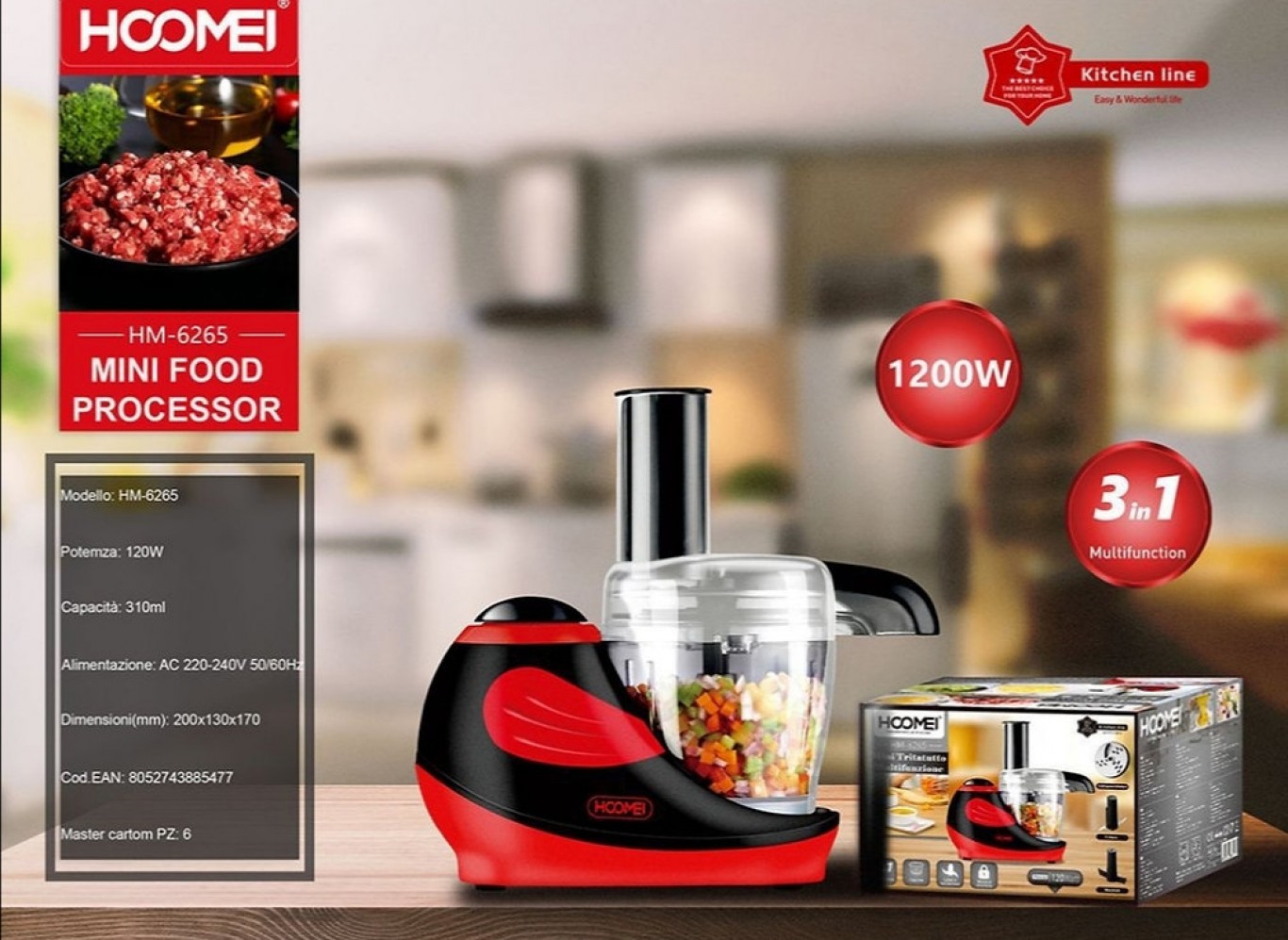 Hoomei® Mini Multi Μίxer 1200W με Κάδο 310ml Κόκκινο HM-6265